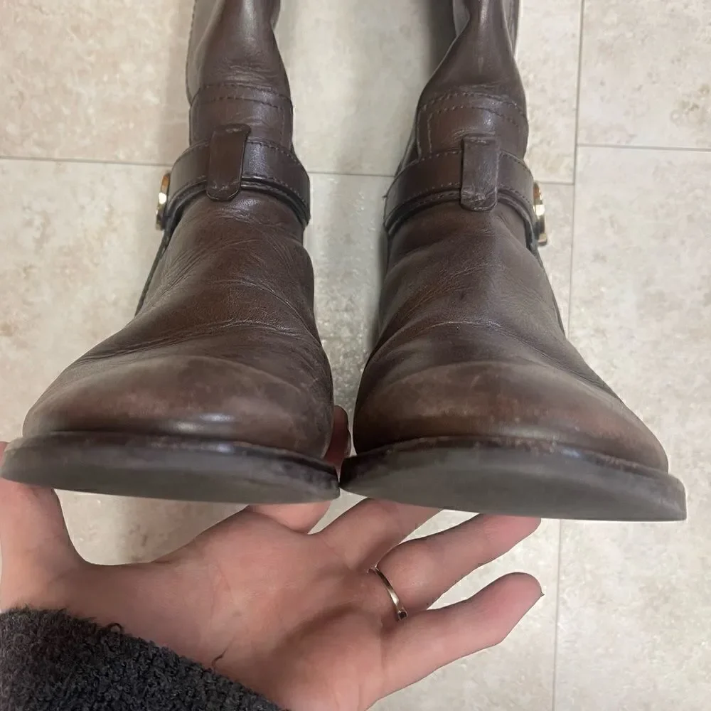 Tory Burch- Brown Bristol Leather Riding Boot with Gold Hardware, Sz 6.5